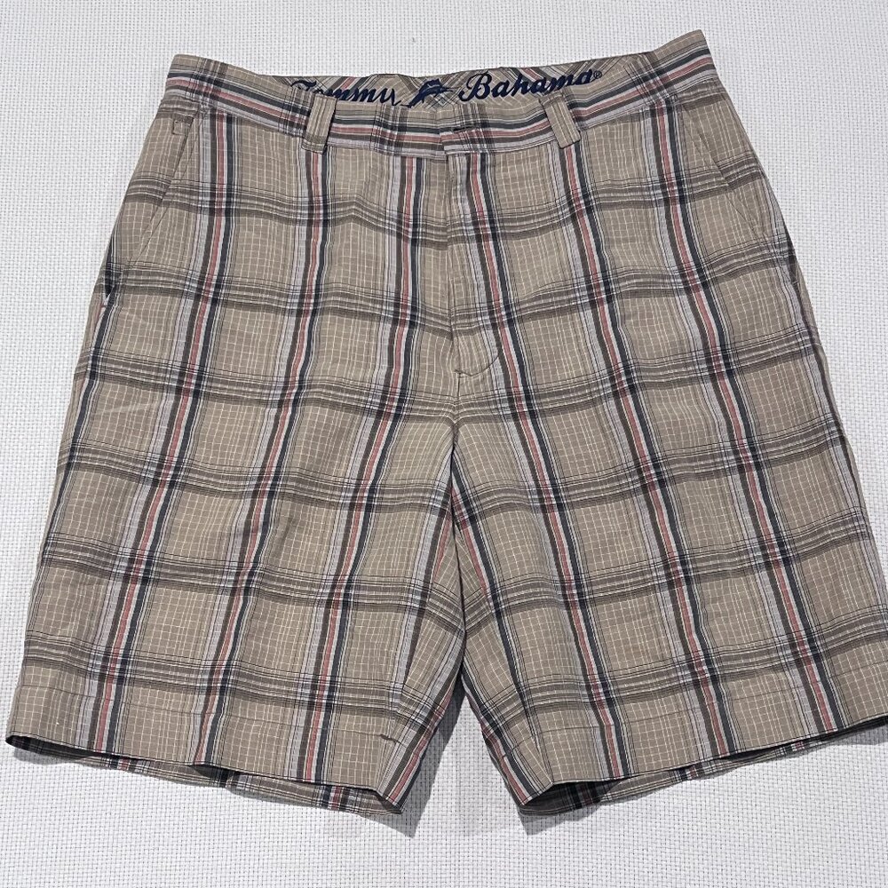 Tommy Bahama Mens Shorts 34 Plaid Linen Silk Blend Flat Front Casual Resort